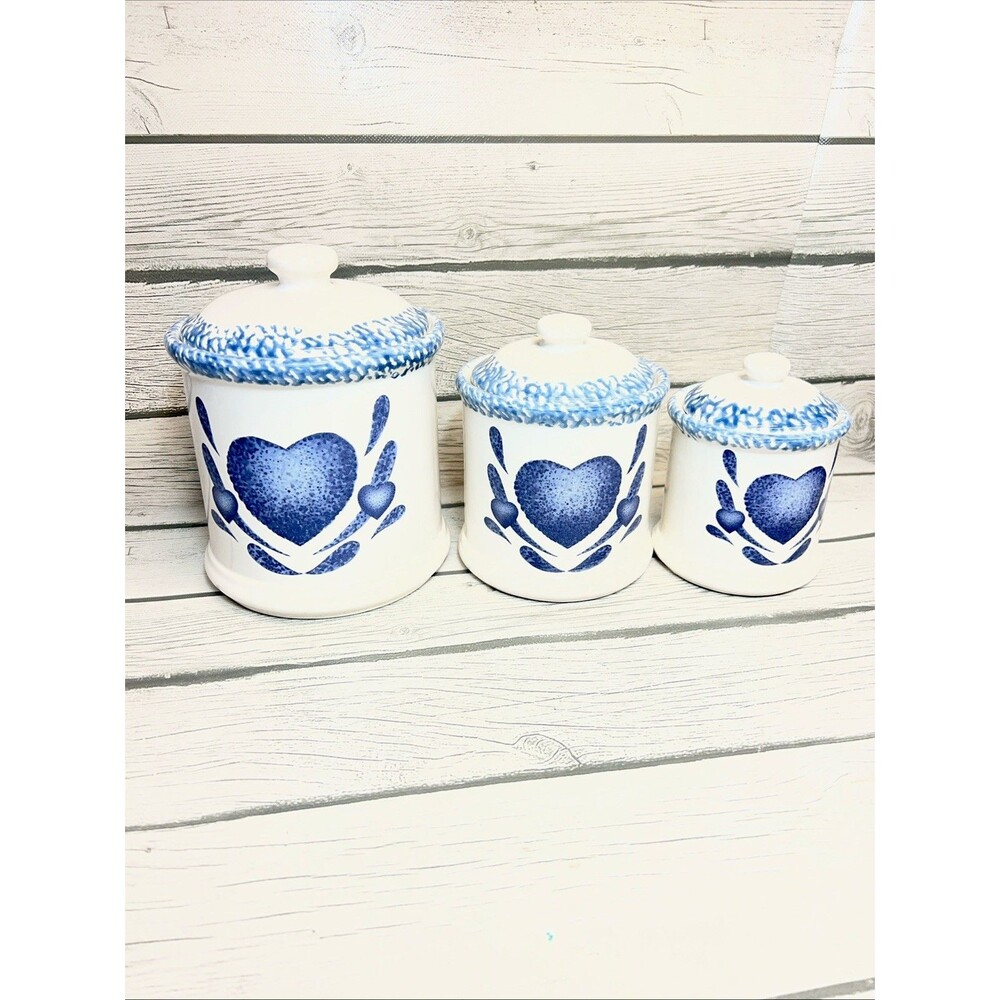 1980’s Blue Heart Canister Set with lids, Stoneware Blue Sponge Vintage